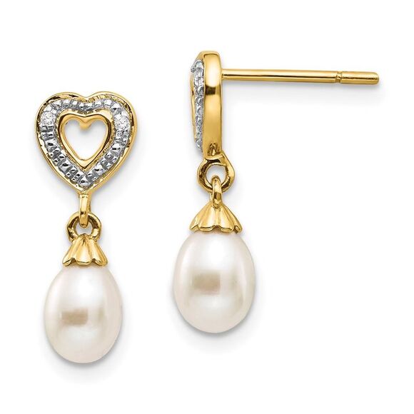 14k Yellow Gold 7x5mm Teardrop FWC Pearl .01ct Heart Diamond Dangle Earrings,All Products : American Fashion Style Bags On Sale